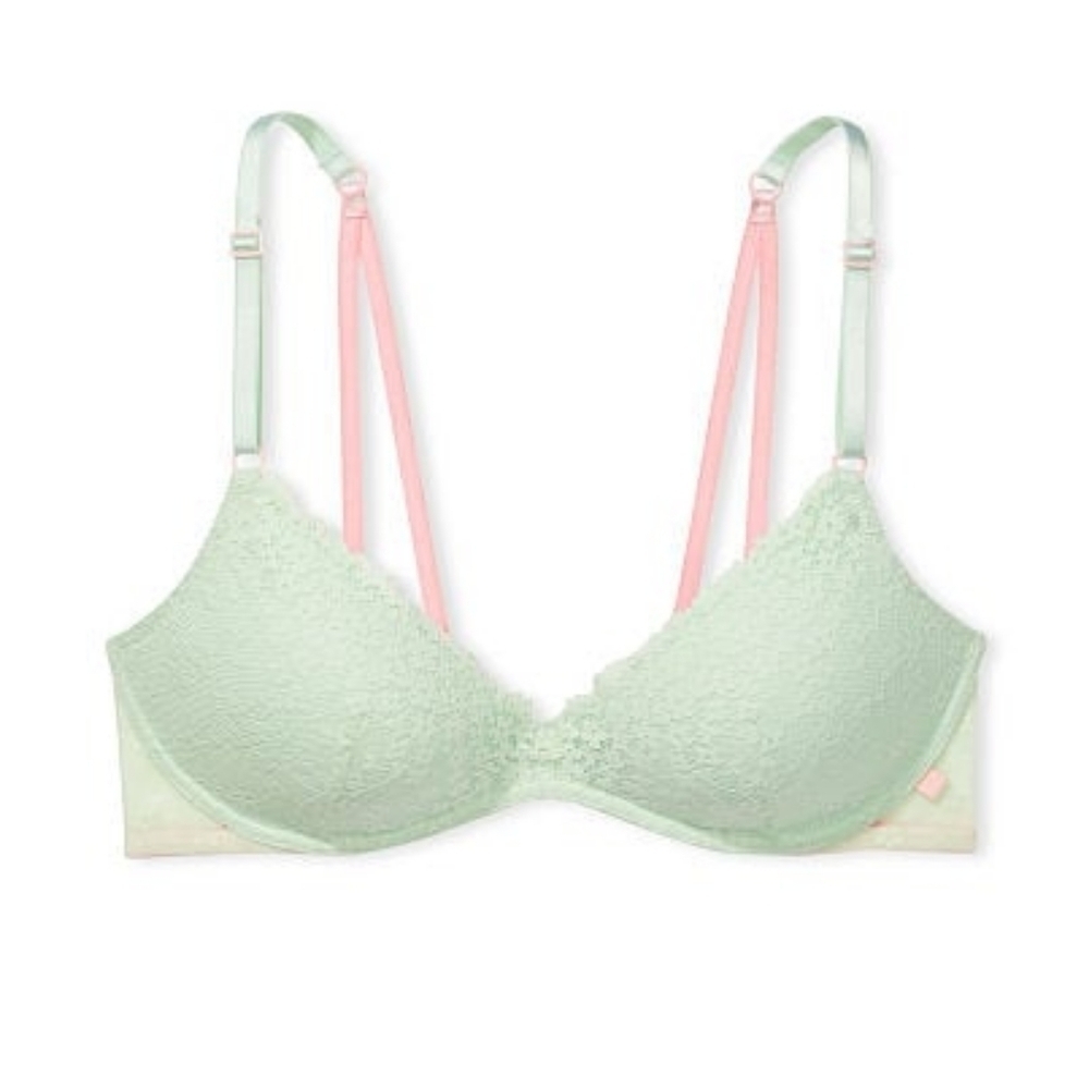 Sexy tee wireless lace push up Victoria's secret bra 34 DDD NEW green pink light